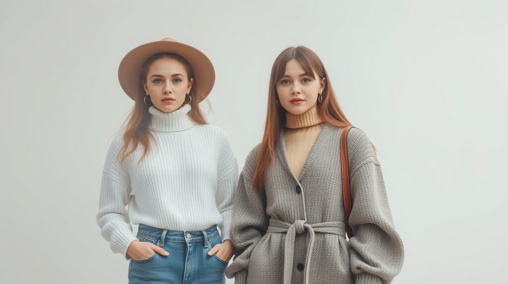 An adorable and charming photograph of fashion models against clean backgrounds. Thick fog creates low visibility and a cute, endearing atmosphere