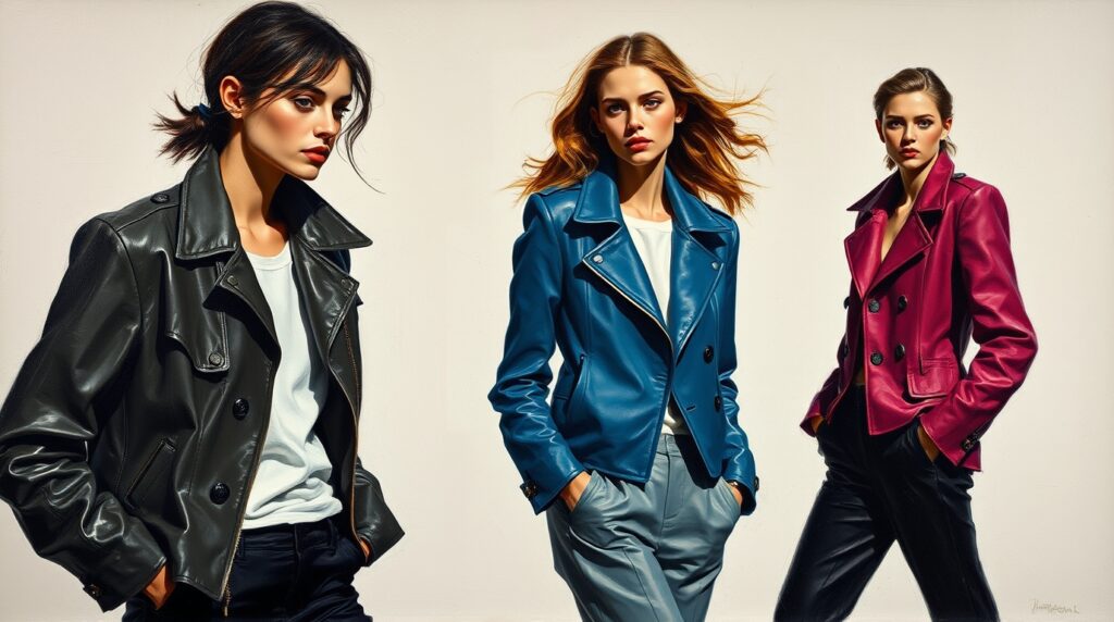 Classic oil painting of fashion models in jackets on clean backgrounds, high contrast low-key lighting creating deep shadows, rich textures and visible brushstrokes